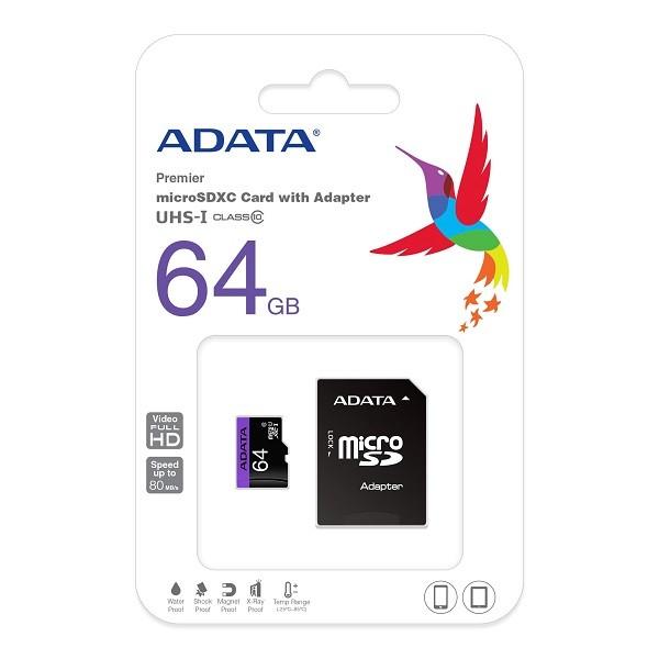 ADATA 64GB Class 10 microSDHC Card with SD Card with Adapter